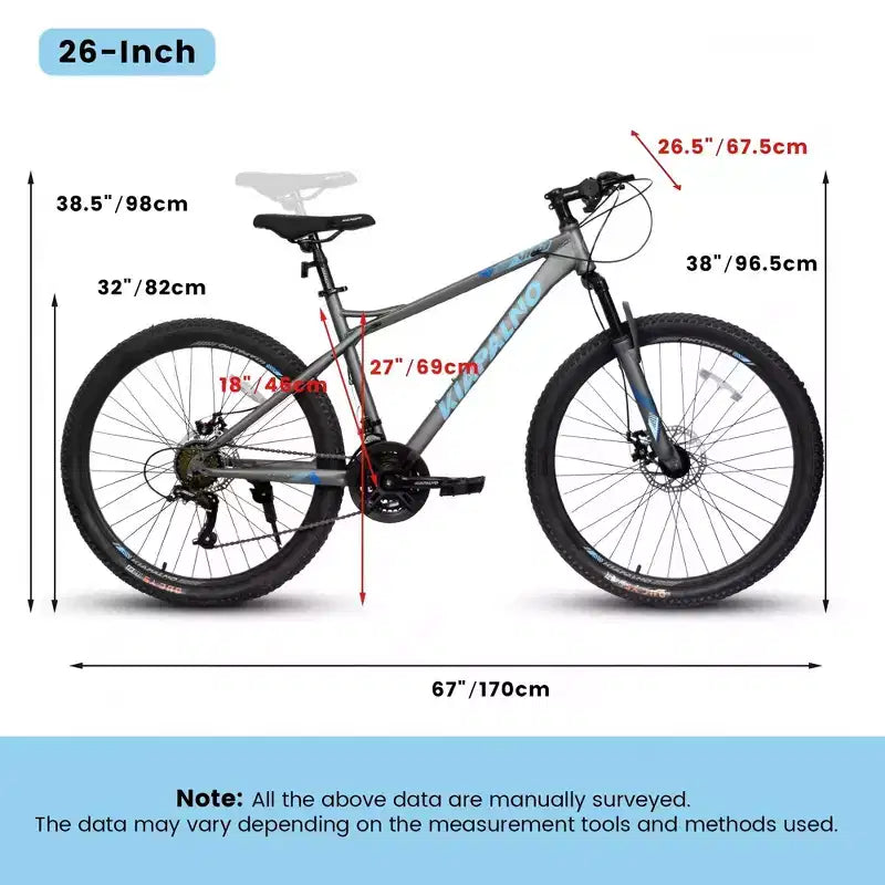 NAYSAYE Bicicleta de montaña de 26 pulgadas para adultos y adolescentes, cuadro de acero, frenos de disco, 21 velocidades para ciclismo de fitness, azul y gris, 67*26.5*38