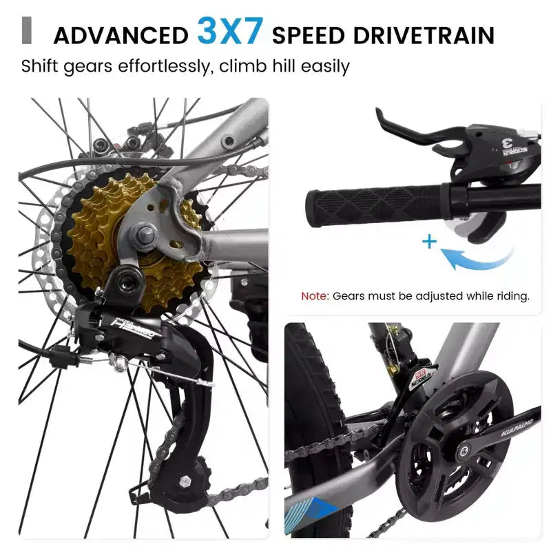 NAYSAYE Bicicleta de montaña de 26 pulgadas para adultos y adolescentes, cuadro de acero, frenos de disco, 21 velocidades para ciclismo de fitness, azul y gris, 67*26.5*38