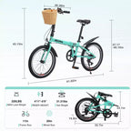 Bicicleta Plegable de 20 Pulgadas para Adultos con Cesta, Soporte para Teléfono y Guardabarros, Cuadro de Acero de 6 Velocidades para Desplazamientos Urbanos, Bicicleta Compacta Portátil con Doble Freno en V