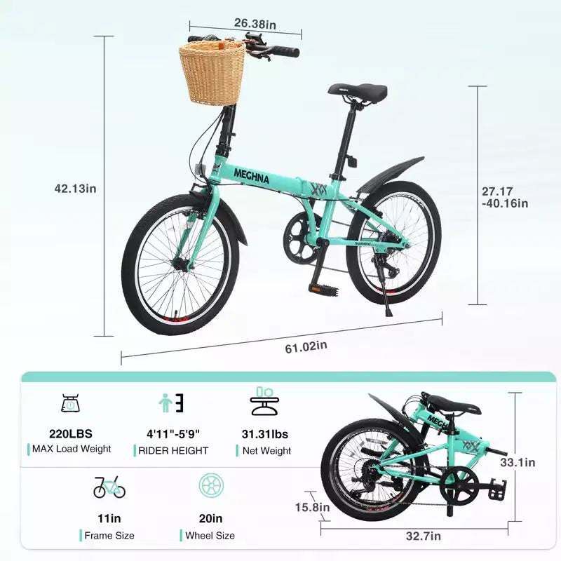 Bicicleta Plegable de 20 Pulgadas para Adultos con Cesta, Soporte para Teléfono y Guardabarros, Cuadro de Acero de 6 Velocidades para Desplazamientos Urbanos, Bicicleta Compacta Portátil con Doble Freno en V