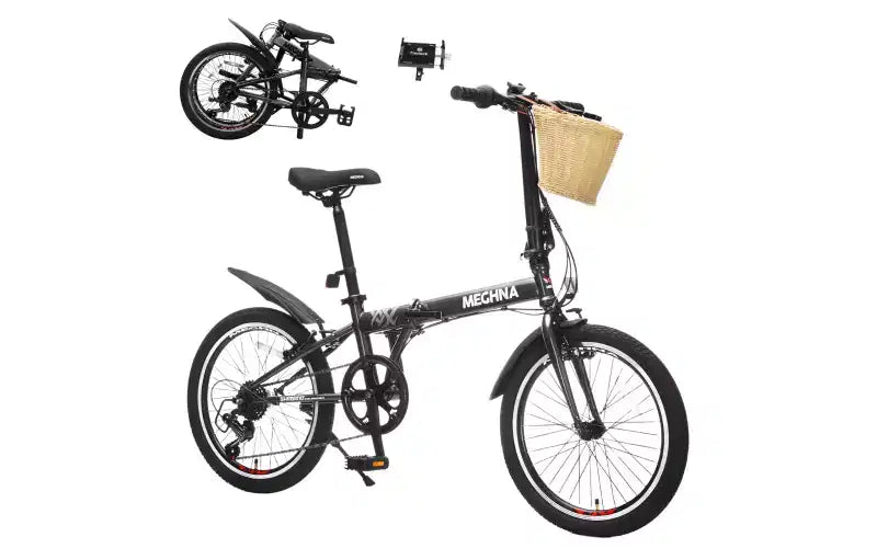Bicicleta Plegable de 20 Pulgadas para Adultos con Cesta, Soporte para Teléfono y Guardabarros, Cuadro de Acero de 6 Velocidades para Desplazamientos Urbanos, Bicicleta Compacta Portátil con Doble Freno en V