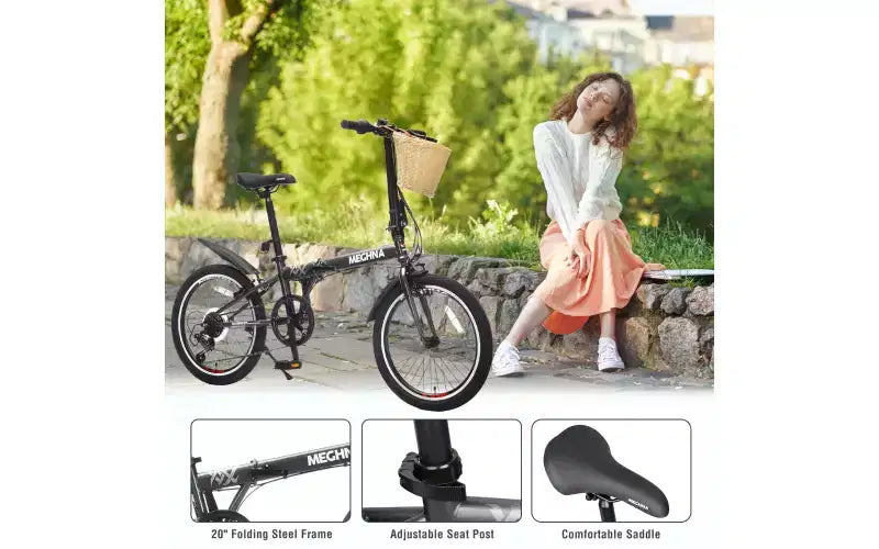 Bicicleta Plegable de 20 Pulgadas para Adultos con Cesta, Soporte para Teléfono y Guardabarros, Cuadro de Acero de 6 Velocidades para Desplazamientos Urbanos, Bicicleta Compacta Portátil con Doble Freno en V