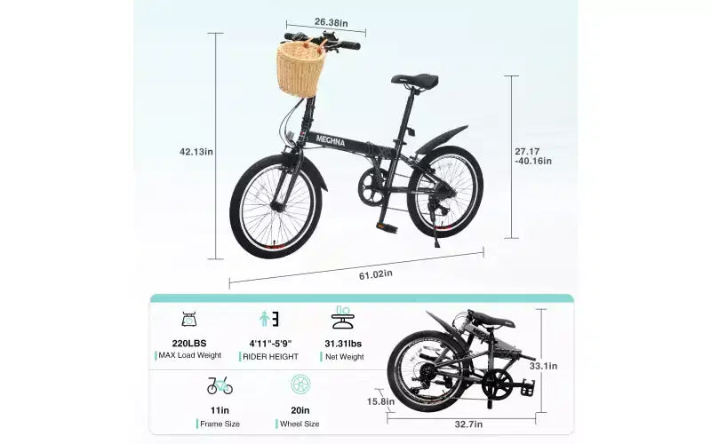 Bicicleta Plegable de 20 Pulgadas para Adultos con Cesta, Soporte para Teléfono y Guardabarros, Cuadro de Acero de 6 Velocidades para Desplazamientos Urbanos, Bicicleta Compacta Portátil con Doble Freno en V