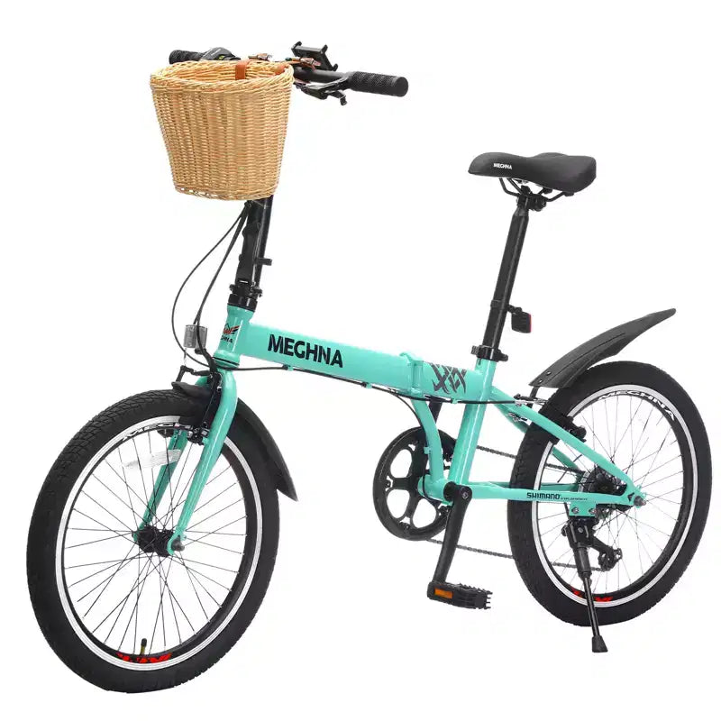 Bicicleta Plegable de 20 Pulgadas para Adultos con Cesta, Soporte para Teléfono y Guardabarros, Cuadro de Acero de 6 Velocidades para Desplazamientos Urbanos, Bicicleta Compacta Portátil con Doble Freno en V