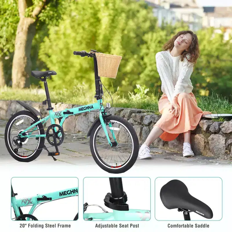 Bicicleta Plegable de 20 Pulgadas para Adultos con Cesta, Soporte para Teléfono y Guardabarros, Cuadro de Acero de 6 Velocidades para Desplazamientos Urbanos, Bicicleta Compacta Portátil con Doble Freno en V