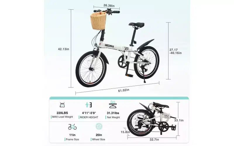 Bicicleta Plegable de 20 Pulgadas para Adultos con Cesta, Soporte para Teléfono y Guardabarros, Cuadro de Acero de 6 Velocidades para Desplazamientos Urbanos, Bicicleta Compacta Portátil con Doble Freno en V