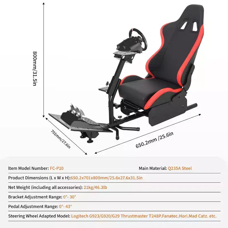 Cabina Plegable de Simulador de Carreras, Soporte de Volante Ajustable para G29/G920/G923, Compatible con Thrustmaster, Fanatec, Hori, Mad Catz, Ángulo de Pedal Ajustable