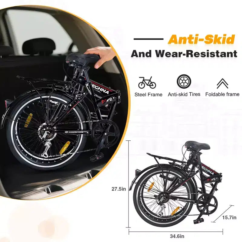 Bicicleta urbana plegable de 24 pulgadas con cuadro de acero, 7 velocidades, frenos en V, cuadro de acero de alta resistencia