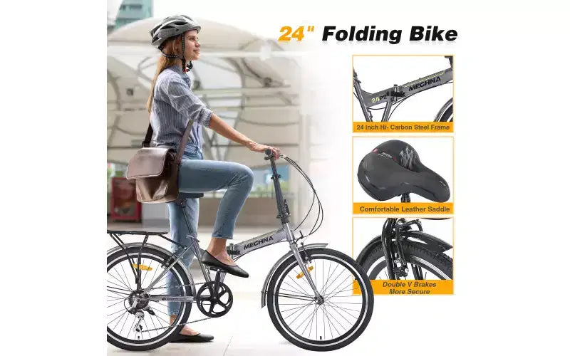 Bicicleta urbana plegable de 24 pulgadas con cuadro de acero, 7 velocidades, frenos en V, cuadro de acero de alta resistencia
