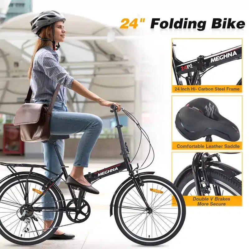 Bicicleta urbana plegable de 24 pulgadas con cuadro de acero, 7 velocidades, frenos en V, cuadro de acero de alta resistencia