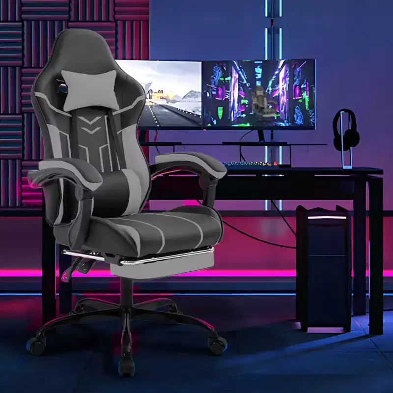 Silla Gamer MAYEERTY, Silla de Ordenador, Silla Ergonómica con Reposapiés, Respaldo Lumbar para Salón, Negro Gris