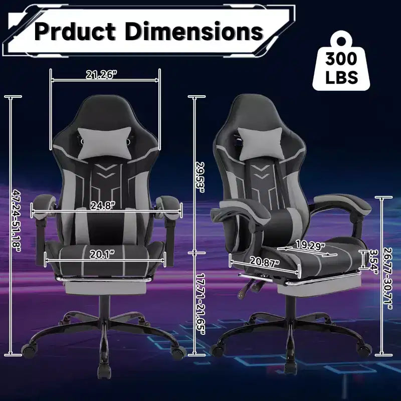 Silla Gamer MAYEERTY, Silla de Ordenador, Silla Ergonómica con Reposapiés, Respaldo Lumbar para Salón, Negro Gris