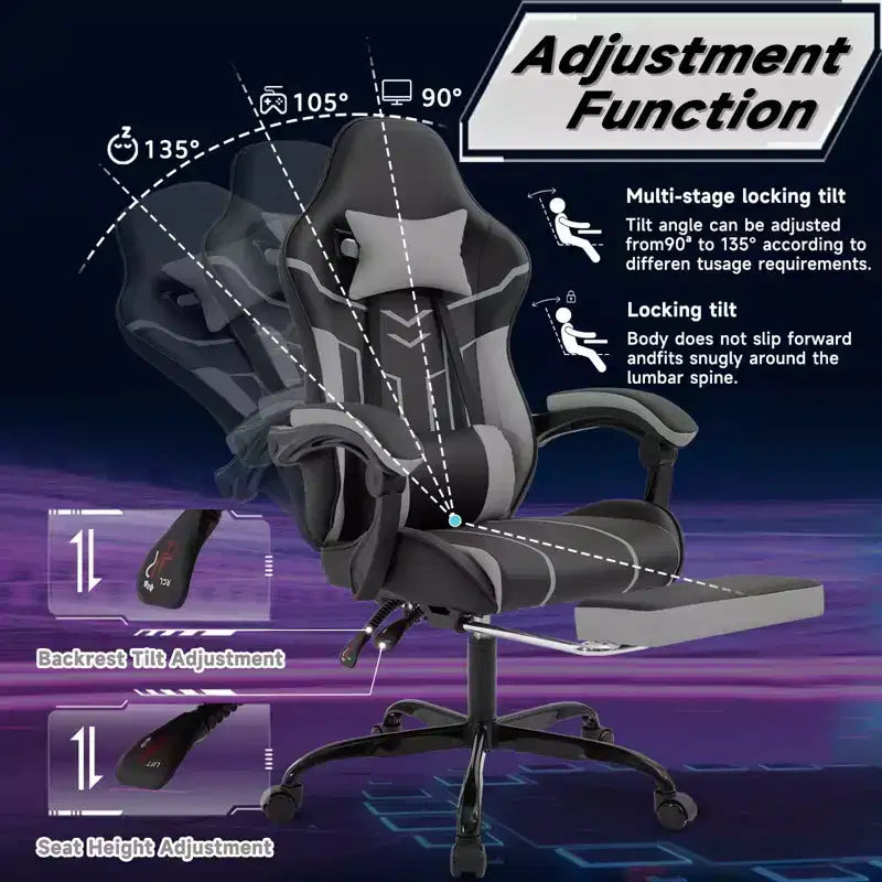 Silla Gamer MAYEERTY, Silla de Ordenador, Silla Ergonómica con Reposapiés, Respaldo Lumbar para Salón, Negro Gris