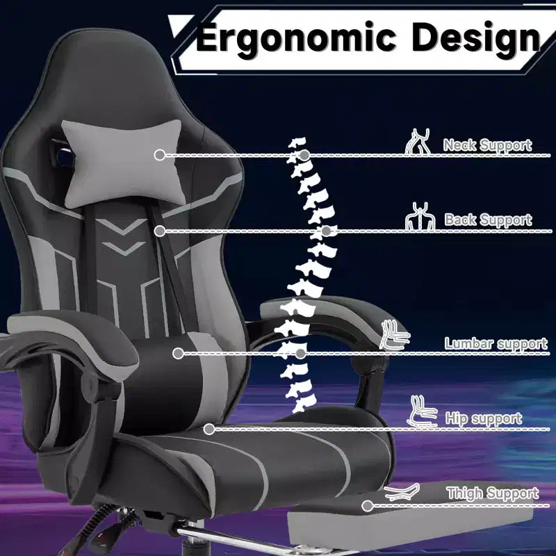 Silla Gamer MAYEERTY, Silla de Ordenador, Silla Ergonómica con Reposapiés, Respaldo Lumbar para Salón, Negro Gris