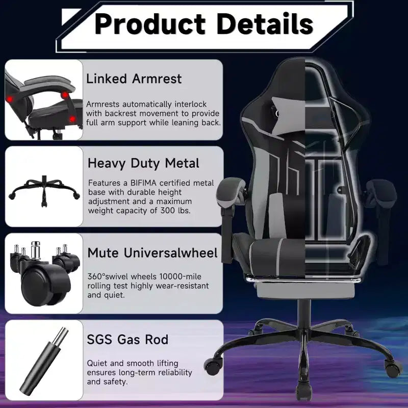 Silla Gamer MAYEERTY, Silla de Ordenador, Silla Ergonómica con Reposapiés, Respaldo Lumbar para Salón, Negro Gris