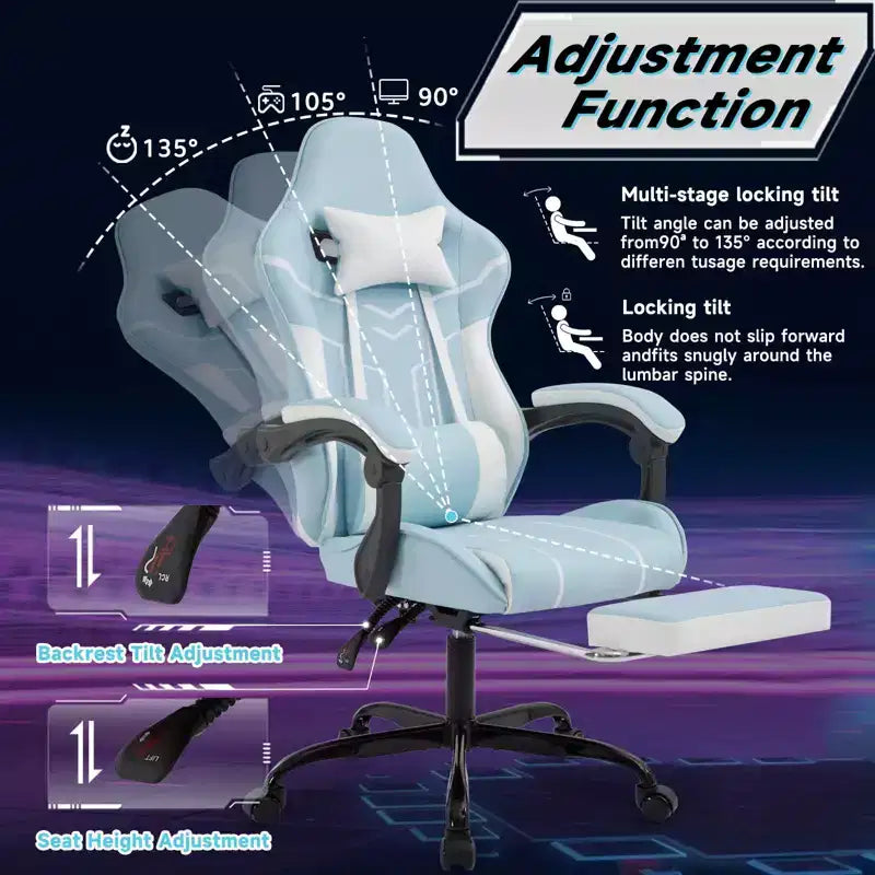 MAYEERTY Silla Gamer, Silla de Ordenador, Silla Ergonómica con Reposapiés y Respaldo Lumbar para Salón Azul