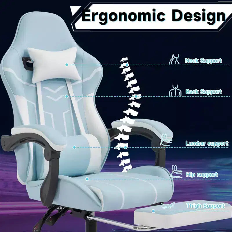 MAYEERTY Silla Gamer, Silla de Ordenador, Silla Ergonómica con Reposapiés y Respaldo Lumbar para Salón Azul