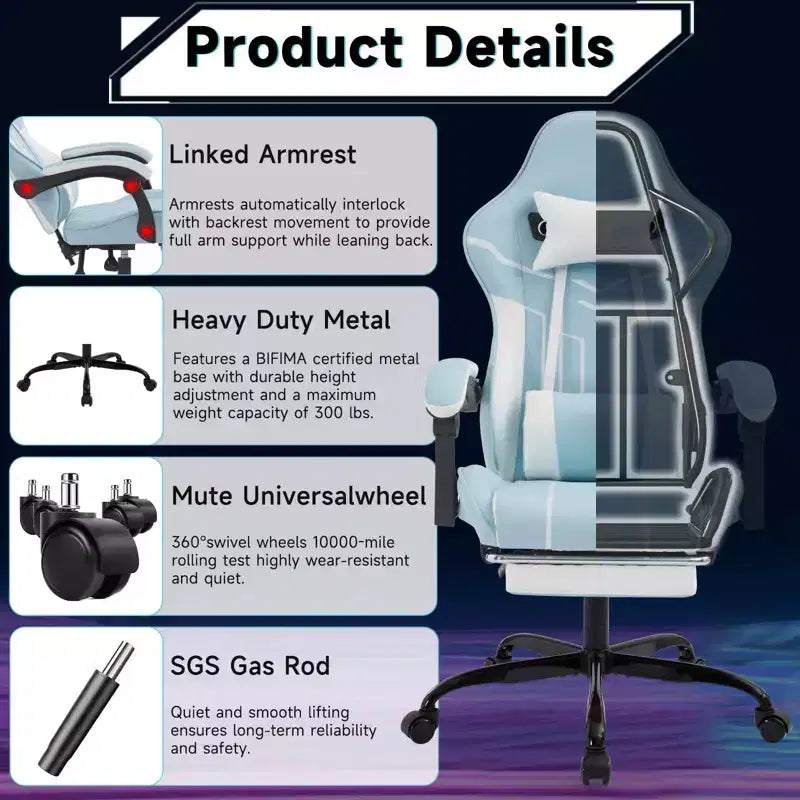 MAYEERTY Silla Gamer, Silla de Ordenador, Silla Ergonómica con Reposapiés y Respaldo Lumbar para Salón Azul