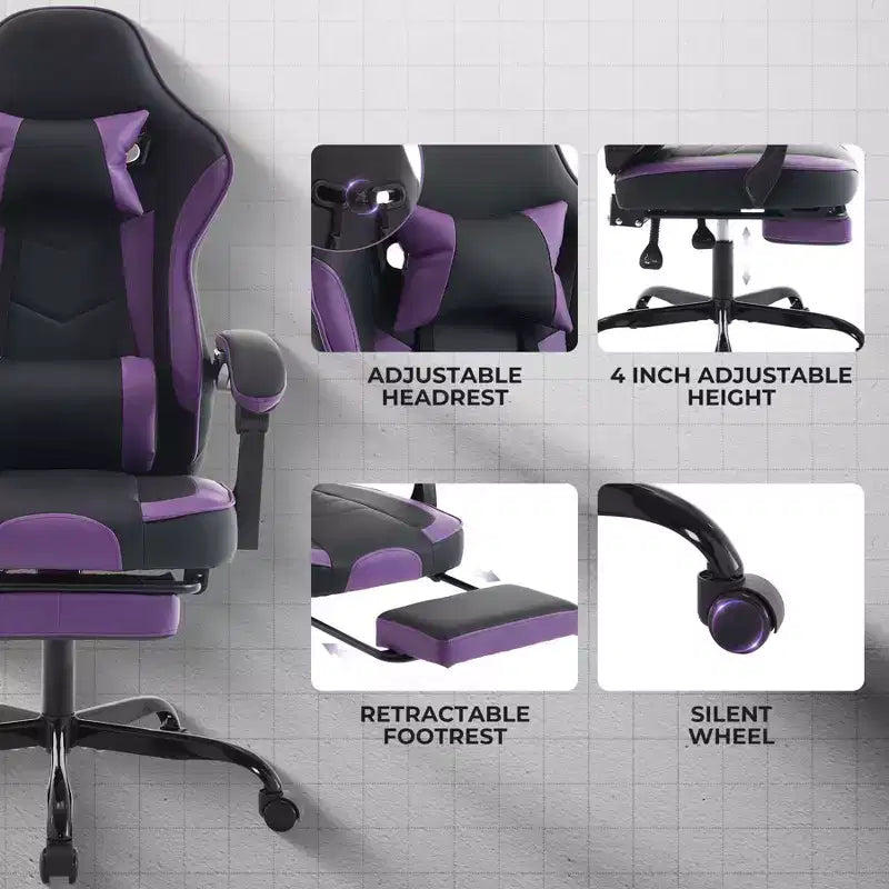 Silla gamer MAYEERTY, silla ergonómica de oficina con reposapiés y masaje de soporte lumbar, silla giratoria de altura ajustable para videojuegos, morado y negro