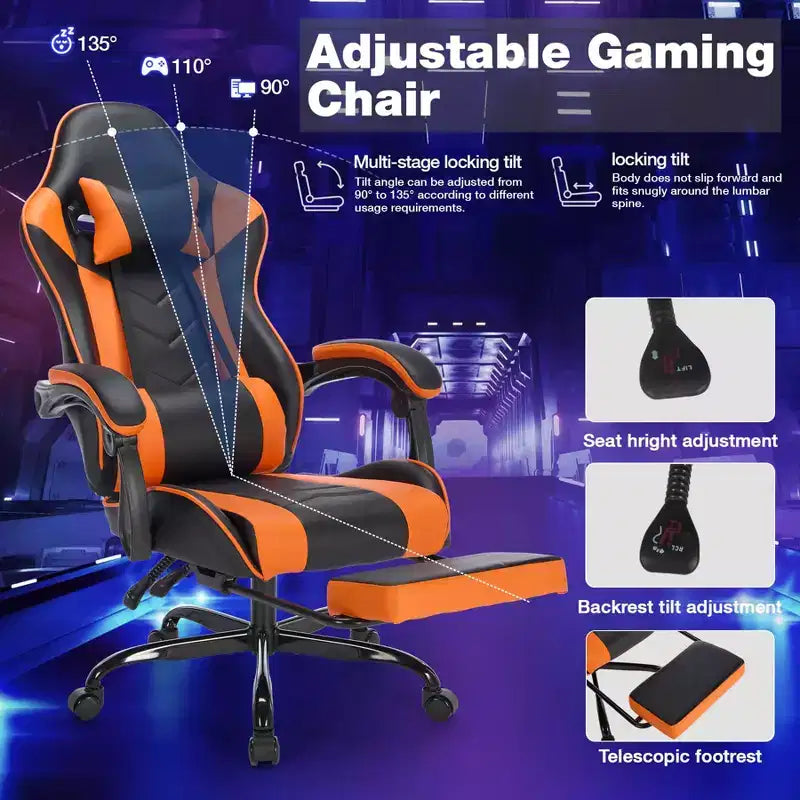 Silla de juegos MAYEERTY con reposapiés, silla ergonómica para ordenador con reposacabezas y soporte lumbar, sillas de videojuegos ajustables en altura, negro y naranja