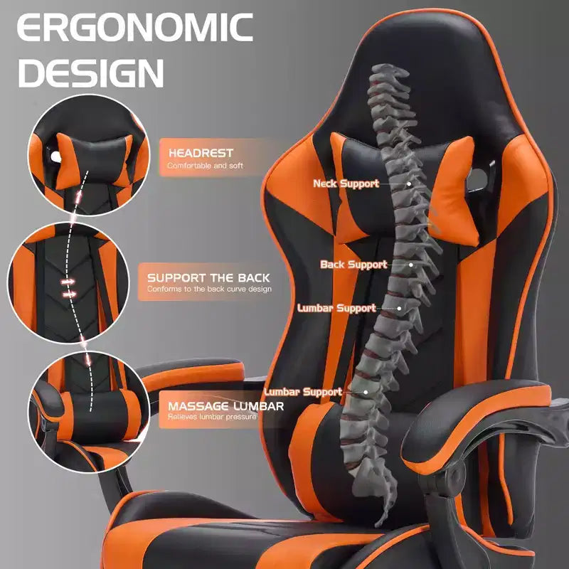 Silla de juegos MAYEERTY con reposapiés, silla ergonómica para ordenador con reposacabezas y soporte lumbar, sillas de videojuegos ajustables en altura, negro y naranja
