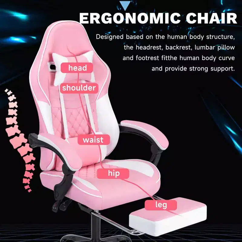 MAYEERTY Sillas ergonómicas para videojuegos, sillas para juegos de computadora con soporte lumbar de masaje y reposapiés, rosa y blanco