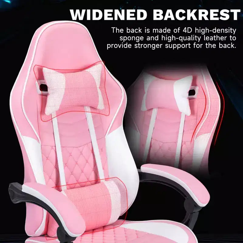 MAYEERTY Sillas ergonómicas para videojuegos, sillas para juegos de computadora con soporte lumbar de masaje y reposapiés, rosa y blanco