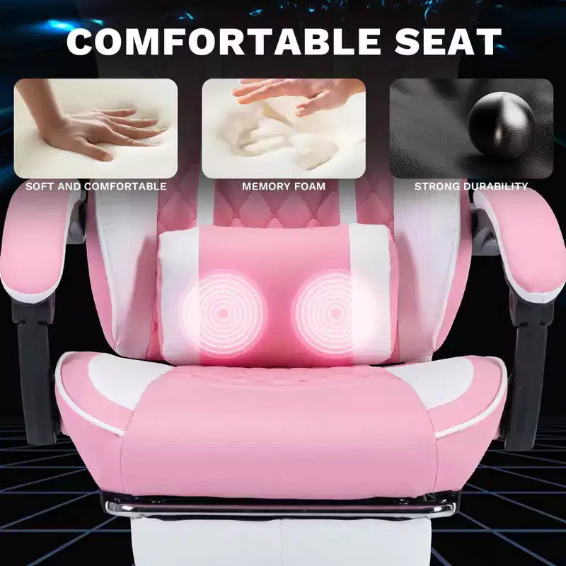 MAYEERTY Sillas ergonómicas para videojuegos, sillas para juegos de computadora con soporte lumbar de masaje y reposapiés, rosa y blanco