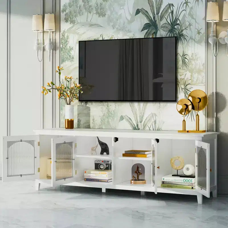 JVNOXK Mueble de TV de 71 pulgadas para centro de entretenimiento, con marco de madera maciza, puertas de vidrio templado, manijas de metal, acabado blanco vintage Ideal para habitaciones infantiles