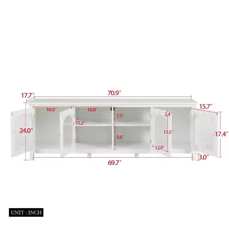 JVNOXK Mueble de TV de 71 pulgadas para centro de entretenimiento, con marco de madera maciza, puertas de vidrio templado, manijas de metal, acabado blanco vintage Ideal para habitaciones infantiles