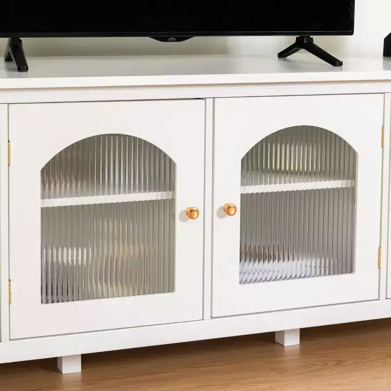 JVNOXK Mueble de TV de 71 pulgadas para centro de entretenimiento, con marco de madera maciza, puertas de vidrio templado, manijas de metal, acabado blanco vintage Ideal para habitaciones infantiles