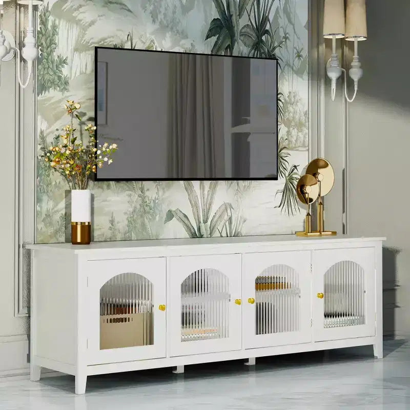 JVNOXK Mueble de TV de 71 pulgadas para centro de entretenimiento, con marco de madera maciza, puertas de vidrio templado, manijas de metal, acabado blanco vintage Ideal para habitaciones infantiles