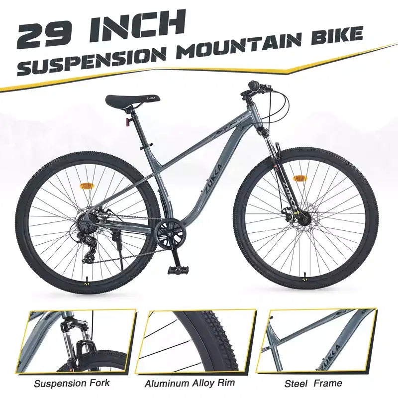 Bicicleta de montaña de 29 pulgadas, una velocidad/8 velocidades, cuadro de acero, horquilla de suspensión delantera, freno de disco para mujeres y hombres adultos, varios colores
