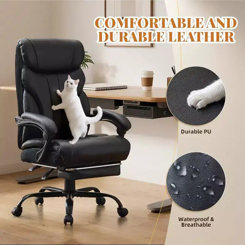Silla de oficina ergonómica, silla de juego de PU, altura ajustable reclinable de 90 a 135 grados, respaldo con ruedas giratorias de 360 grados, capacidad de 350 libras para oficina