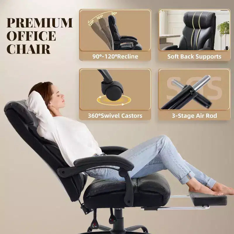 Silla de oficina ergonómica, silla de juego de PU, altura ajustable reclinable de 90 a 135 grados, respaldo con ruedas giratorias de 360 grados, capacidad de 350 libras para oficina