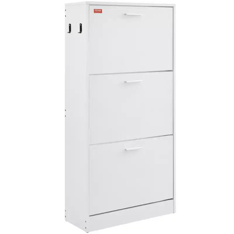 VIYET 51H 3-Flip Drawer Shoe Cabinet,Freestanding Entryway Organizer with Side Hooks for Heels/Boots, White for Hallway/Living Room/Closet