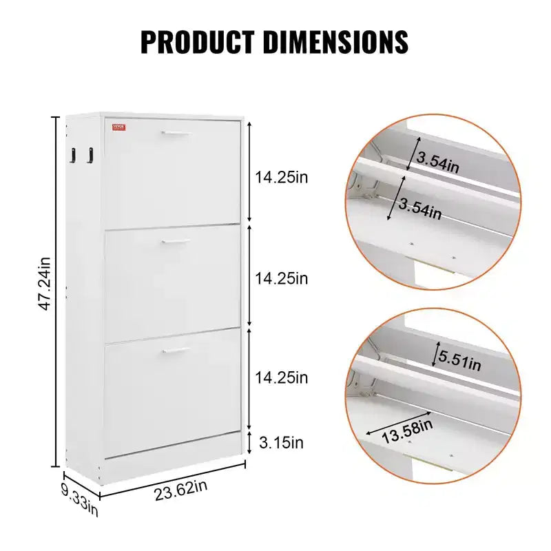 Zapatero de 3 cajones abatibles con ganchos laterales - Blanco, de pie, capacidad para 15 pares