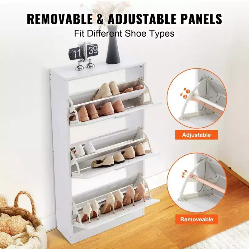 Zapatero de 3 cajones abatibles con ganchos laterales - Blanco, de pie, capacidad para 15 pares