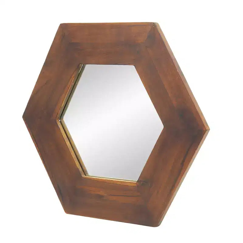 Espejo de pared hexagonal de 18.5x18.5 pulgadas – Marco de madera de teca maciza, marrón oscuro