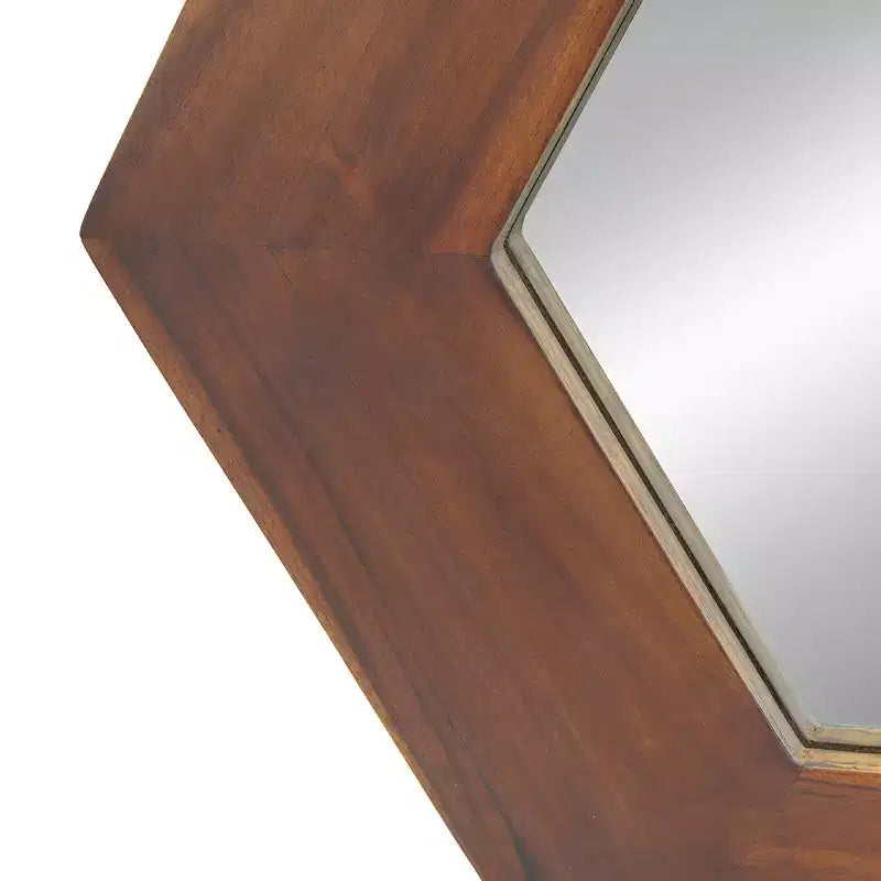 Espejo de pared hexagonal de 18.5x18.5 pulgadas – Marco de madera de teca maciza, marrón oscuro