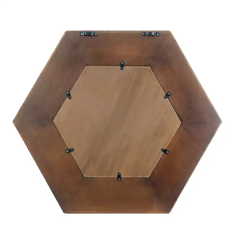 Espejo de pared hexagonal de 18.5x18.5 pulgadas – Marco de madera de teca maciza, marrón oscuro