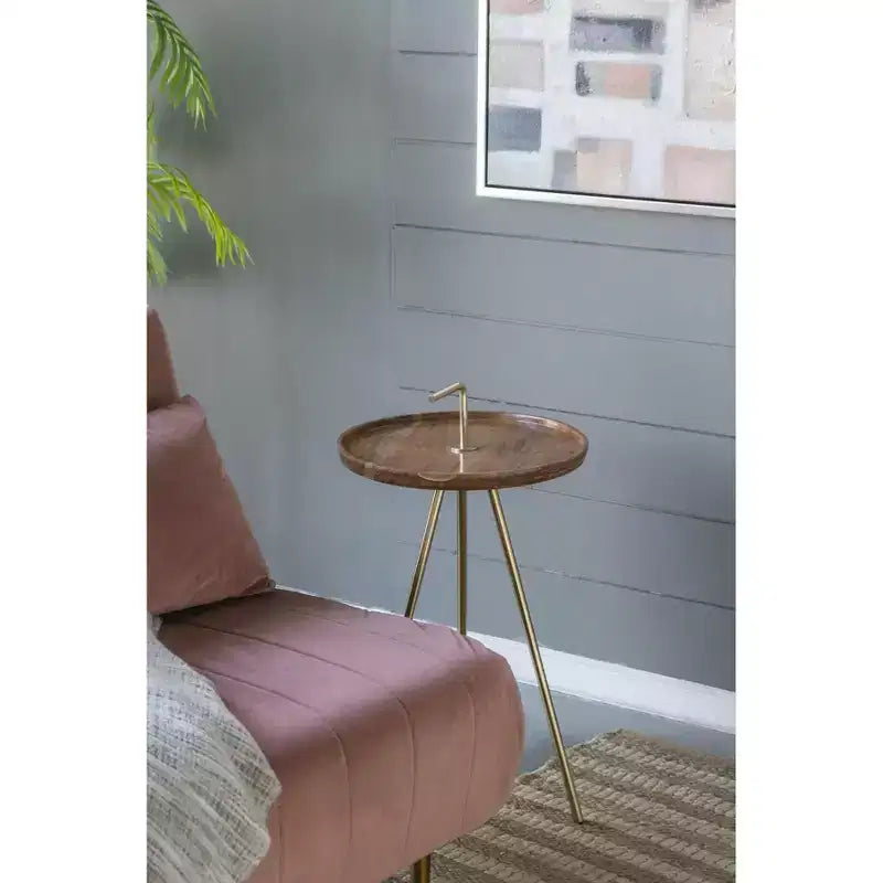 Mesa auxiliar de madera de acacia con patas de acero de trípode, marrón y dorado, 16x23.5