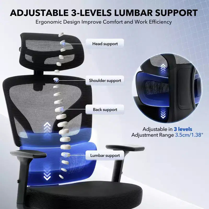 Silla de oficina ergonómica de respaldo alto Silla gamer de malla transpirable con soporte lumbar ajustable y reposabrazos 3D