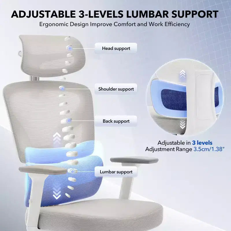 Silla de oficina ergonómica de respaldo alto Silla gamer de malla transpirable con soporte lumbar ajustable y reposabrazos 3D