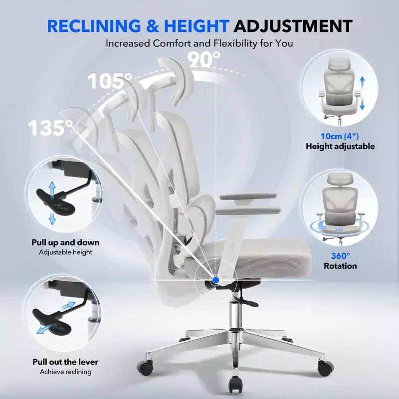 Silla de oficina ergonómica de respaldo alto Silla gamer de malla transpirable con soporte lumbar ajustable y reposabrazos 3D
