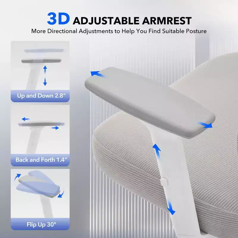 Silla de oficina ergonómica de respaldo alto Silla gamer de malla transpirable con soporte lumbar ajustable y reposabrazos 3D