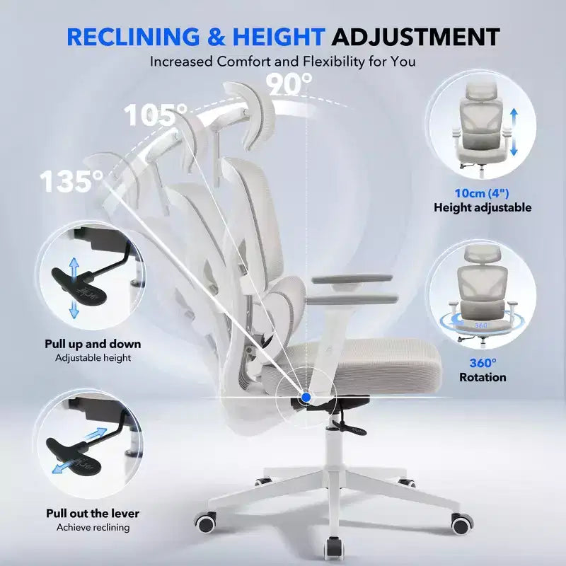 Silla de oficina ergonómica de respaldo alto Silla gamer de malla transpirable con soporte lumbar ajustable y reposabrazos 3D