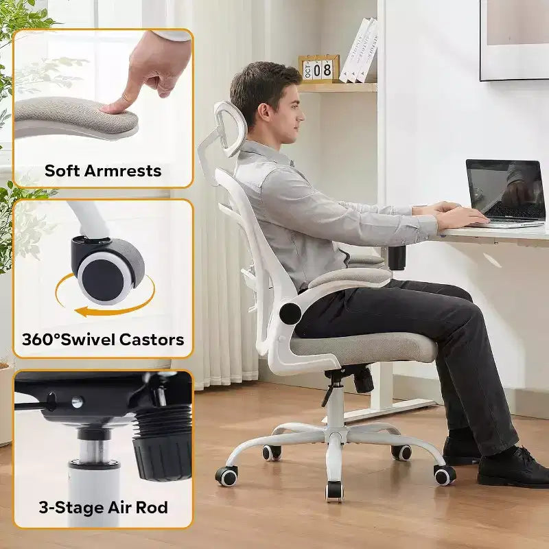 Silla de oficina ergonómica, silla de escritorio para ordenador cómoda con reposabrazos abatibles, sillas de juego cómodas con soporte lumbar para dormitorio, estudio, estudiantes, asiento ancho