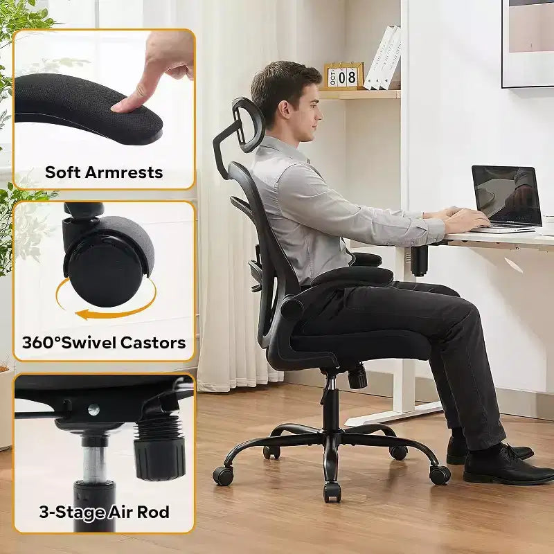 Silla de oficina ergonómica, silla de escritorio para ordenador cómoda con reposabrazos abatibles, sillas de juego cómodas con soporte lumbar para dormitorio, estudio, estudiantes, asiento ancho