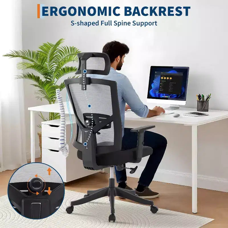 Silla de oficina ergonómica, silla de escritorio de malla ajustable con soporte lumbar, silla ejecutiva giratoria con ruedas para el hogar, la oficina y los videojuegos